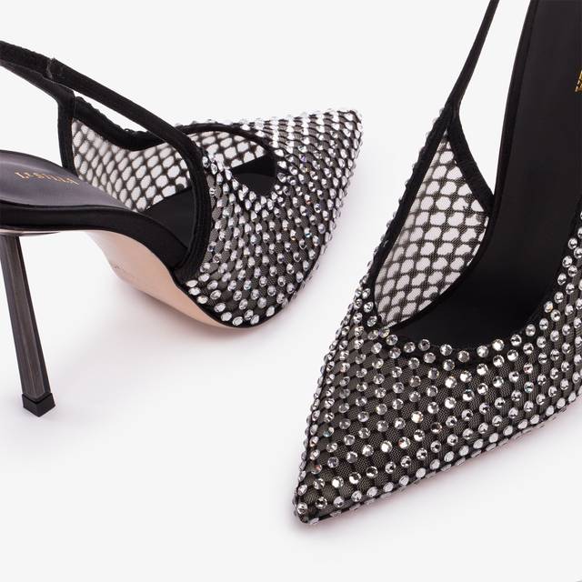 Le Silla Slingback gioiello rete nera e Cristalli argento Sconto
