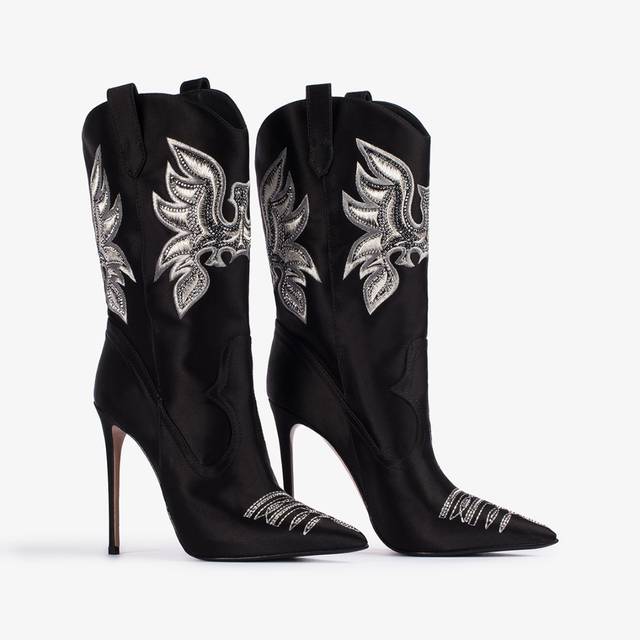 Le Silla Stivaletto d'ispirazione Western raso nero e Cristalli Vendite Flash