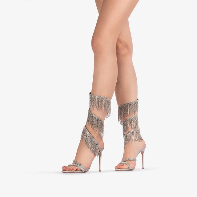 Le Silla Sandalo raso argento con frange argento Consegna Veloce