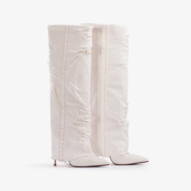 Le Silla Stivale al ginocchio con risvolto denim bianco distressed Offerta per la Festa della Mamma
