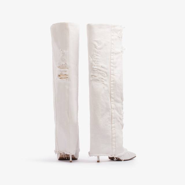 Le Silla Stivale al ginocchio con risvolto denim bianco distressed Offerta per la Festa della Mamma