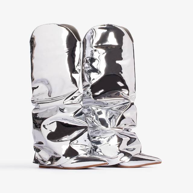 Le Silla Stivale al ginocchio d'ispirazione Western con risvolto metallizzato argento Liquidazione