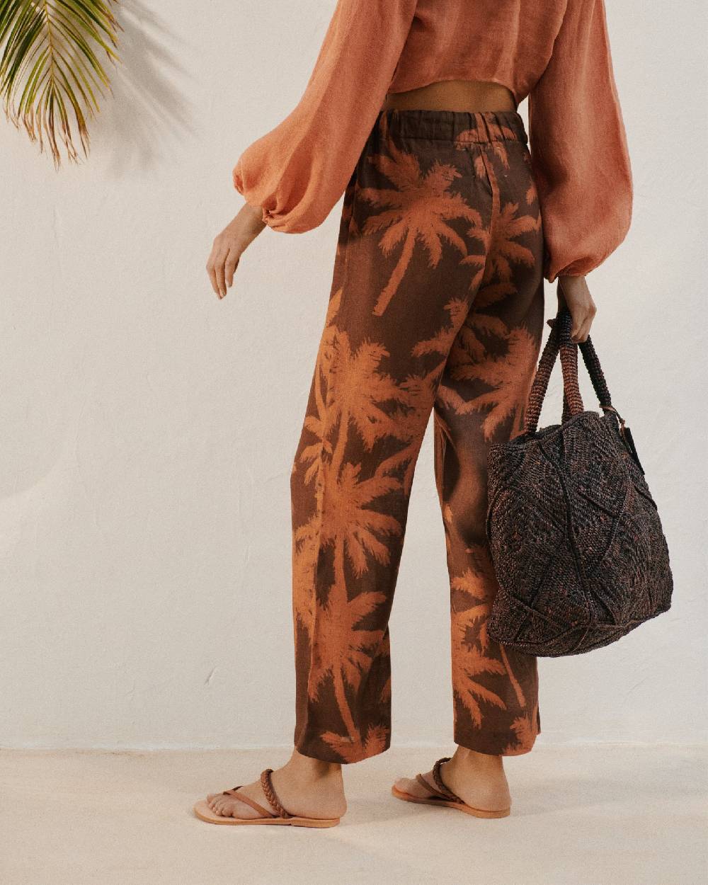 Manebí Printed Linen Belem Trousers - Cocoa And Orange Rust Maxi Palm Vendita