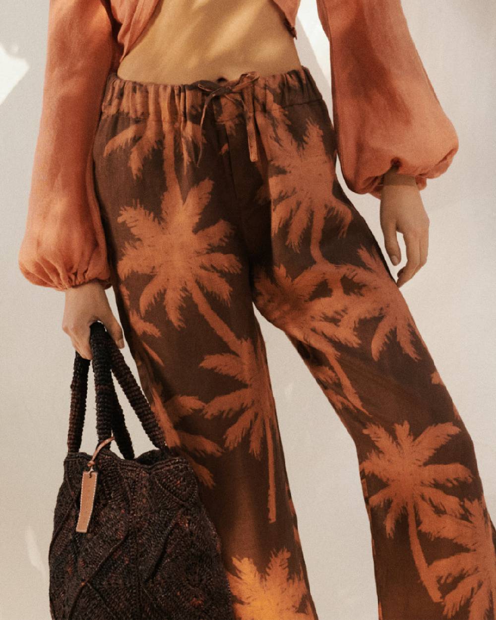 Manebí Printed Linen Belem Trousers - Cocoa And Orange Rust Maxi Palm Vendita