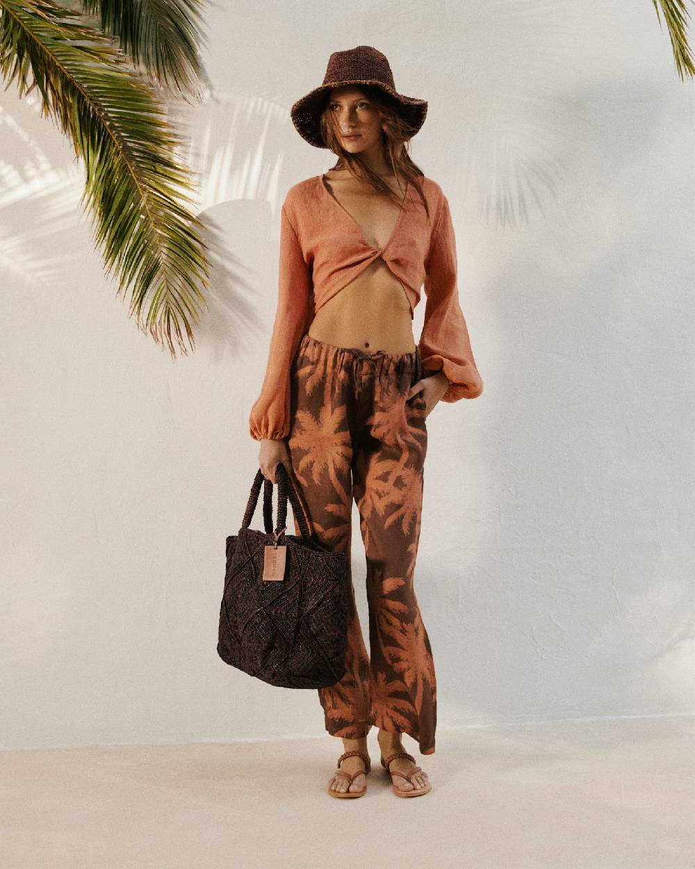 Manebí Printed Linen Belem Trousers - Cocoa And Orange Rust Maxi Palm Vendita