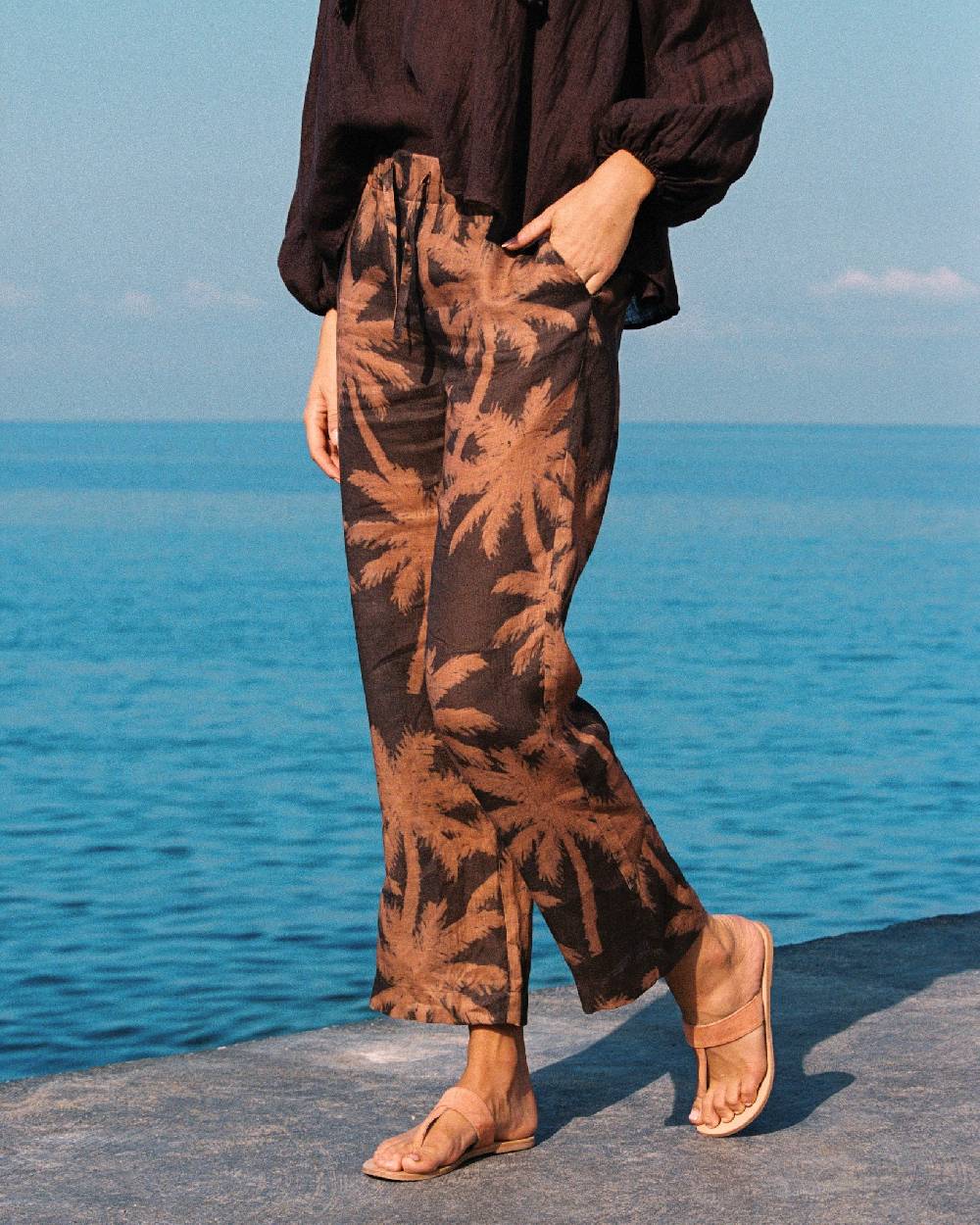 Manebí Printed Linen Belem Trousers - Cocoa And Orange Rust Maxi Palm Vendita