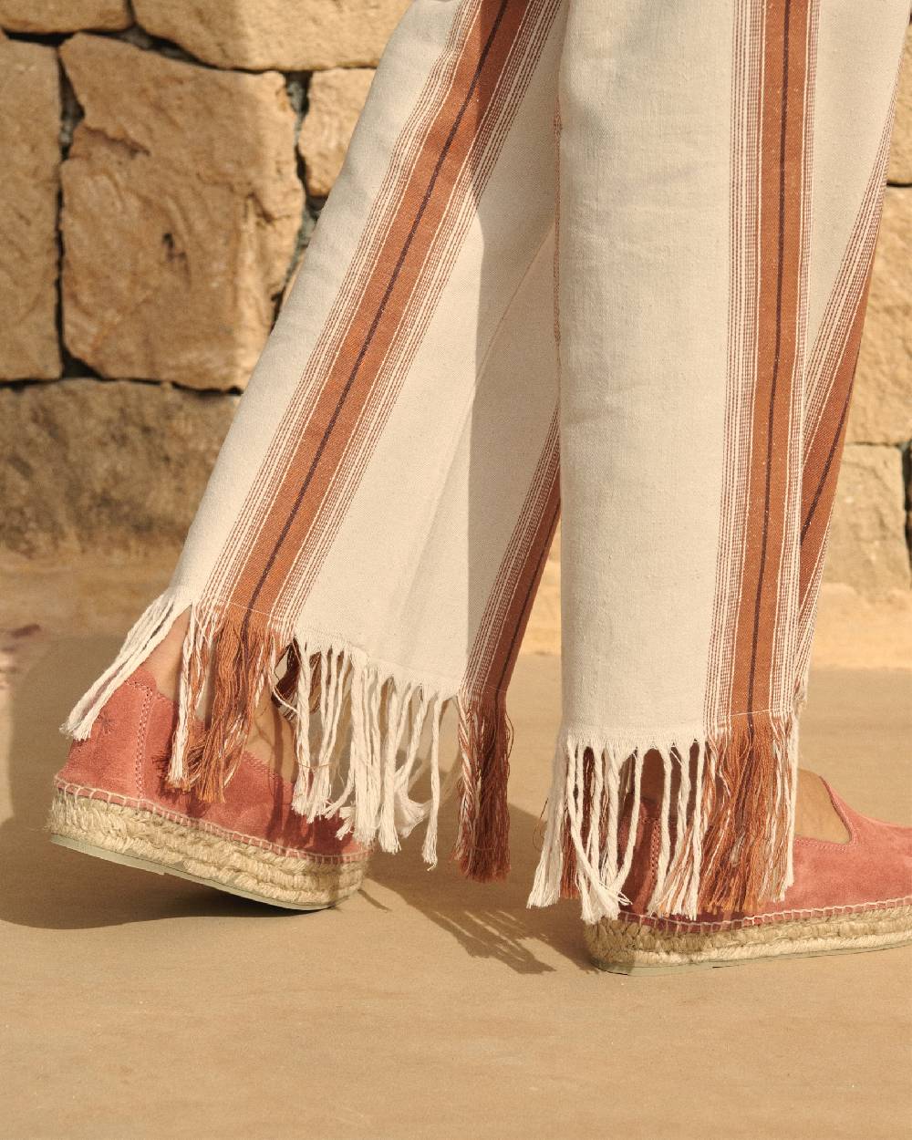 Manebí Cotton-Silk Blend Belem Trousers - Eggnog \u0026 Rust Stripes And Fringes Spedizione Gratuita