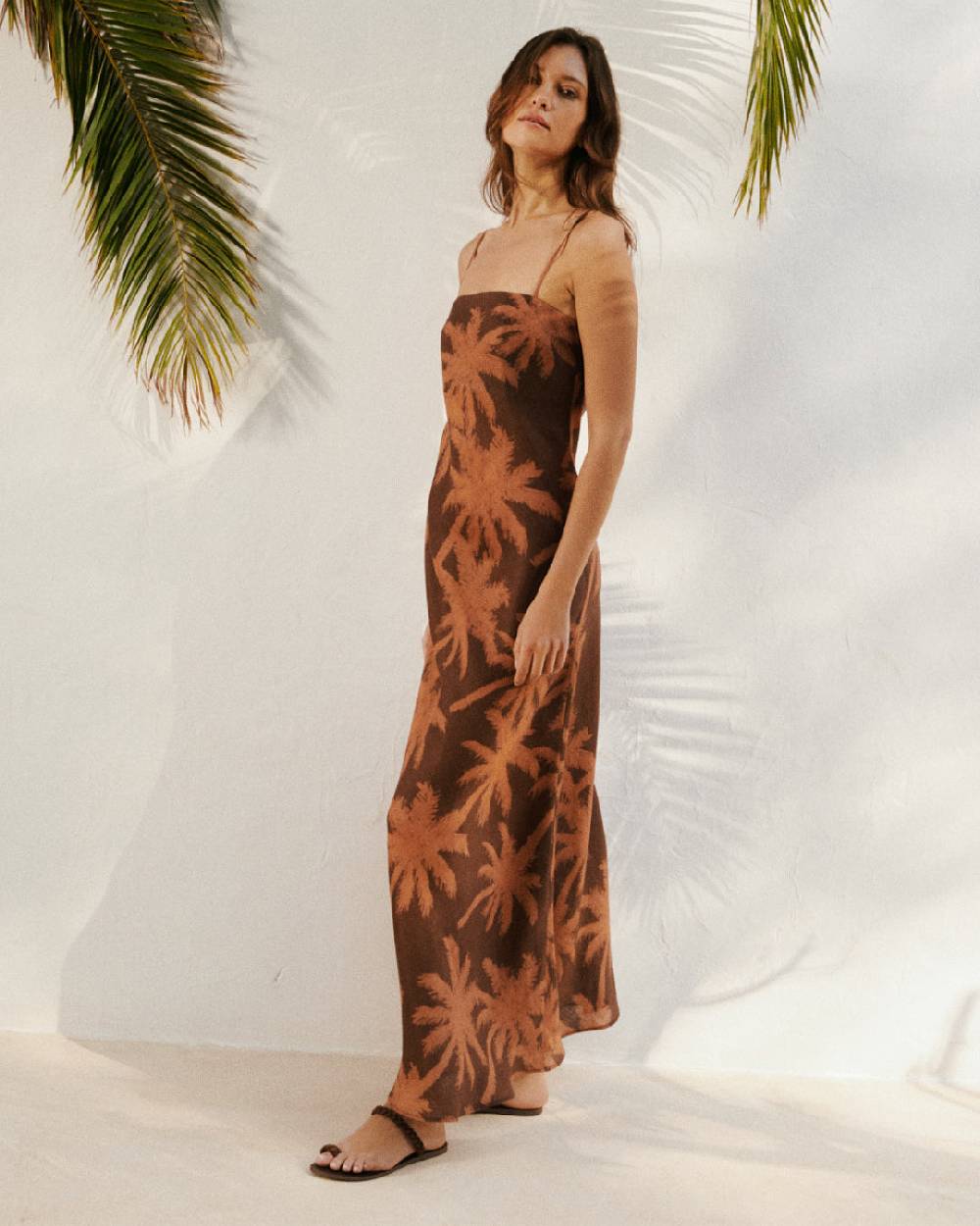 Manebí Printed Linen Cuzco Dress - Cocoa And Orange Rust Maxi Palm Affare Del Giorno