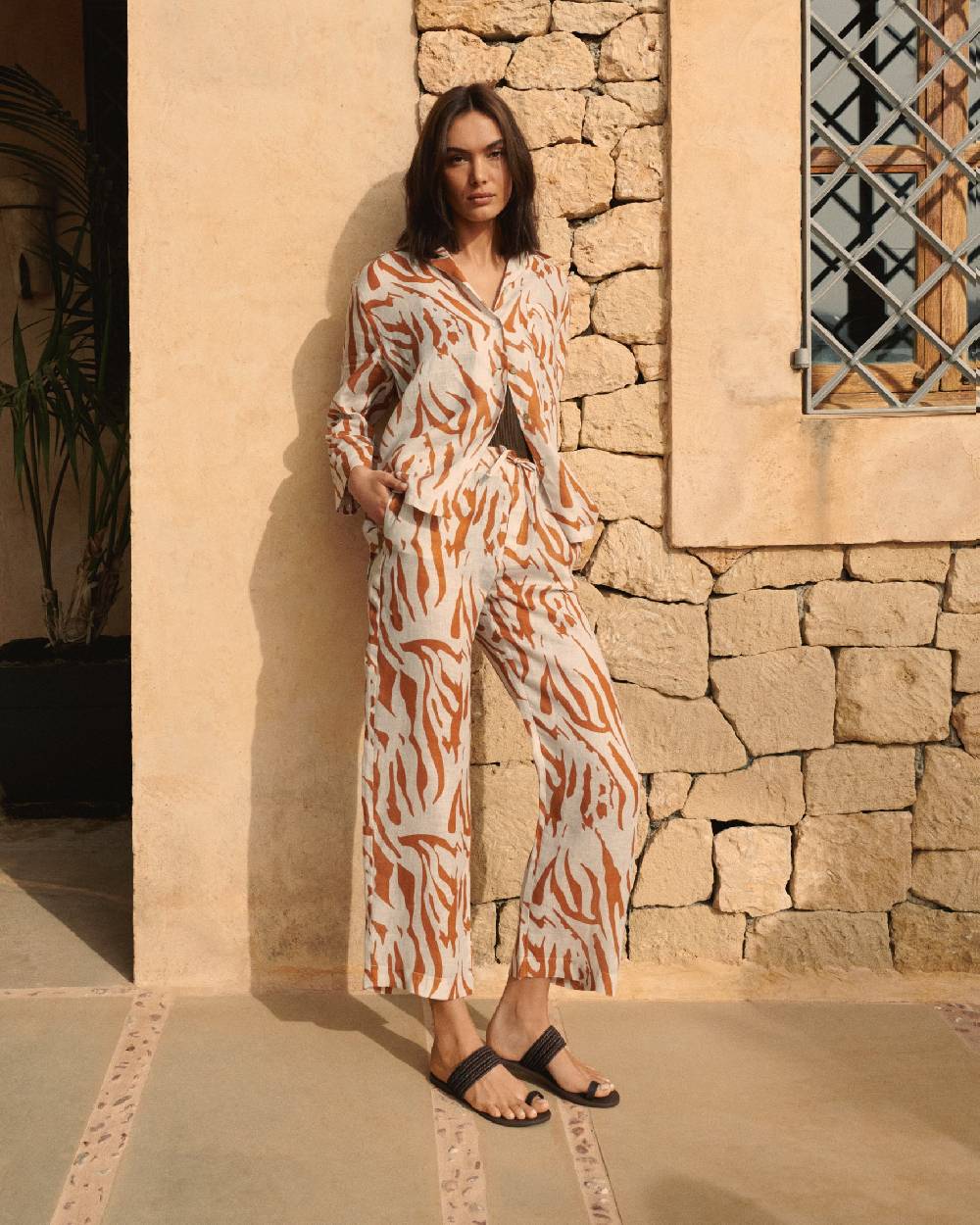 Manebí Printed Linen Belem Trousers - Eggnog \u0026 Orange Rust Zebra Presa