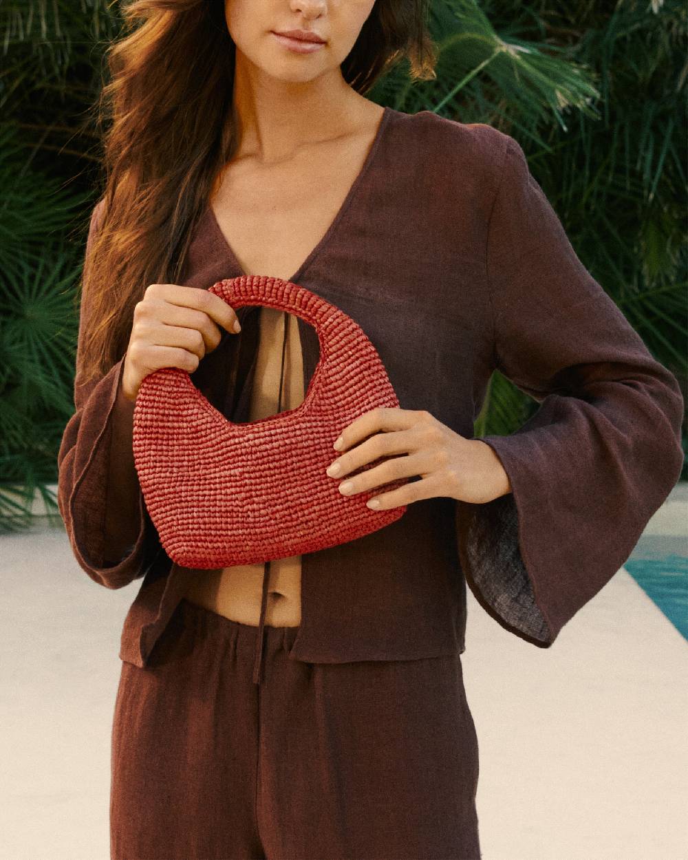 Manebí Raffia Halfmoon Bag - Rust Economico