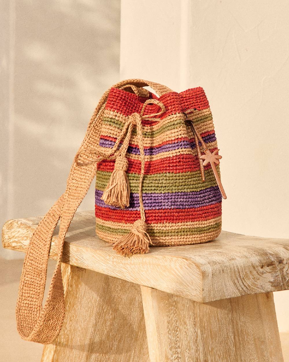 Manebí Raffia Beach Bucket - Rust Tan Mineral Green Summer Purple Stripes In Linea
