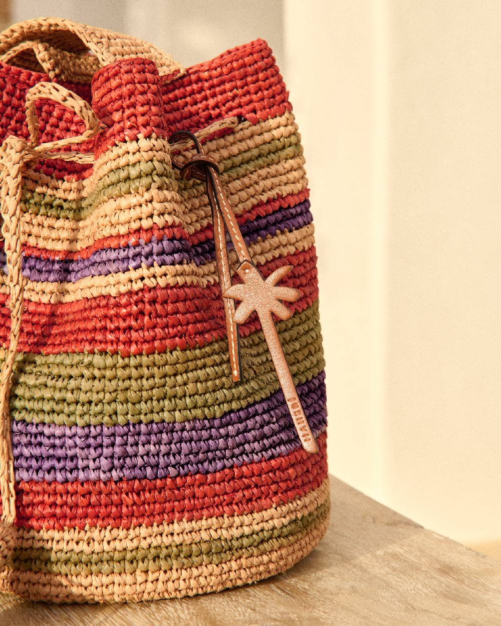 Manebí Raffia Beach Bucket - Rust Tan Mineral Green Summer Purple Stripes In Linea