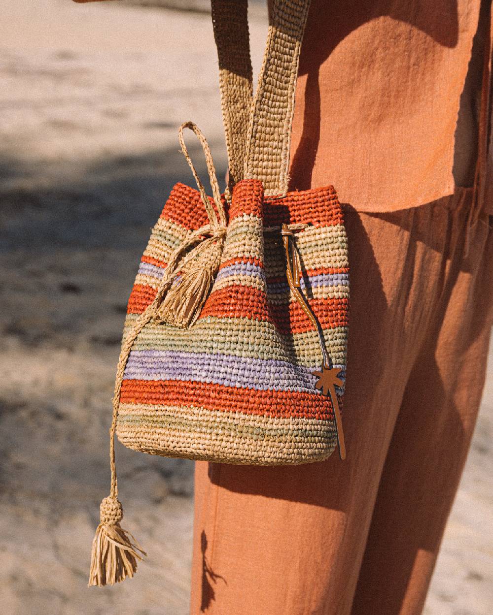 Manebí Raffia Beach Bucket - Rust Tan Mineral Green Summer Purple Stripes In Linea