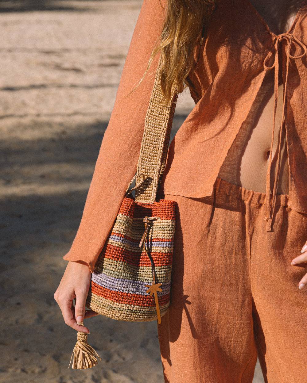 Manebí Raffia Beach Bucket - Rust Tan Mineral Green Summer Purple Stripes In Linea