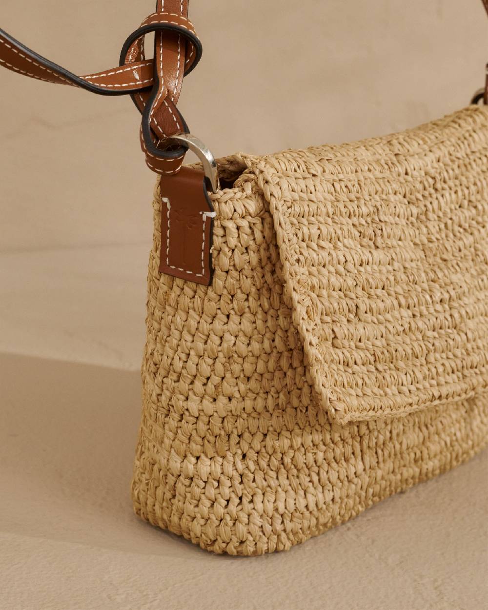 Manebí Raffia Summer Night Bag Medium - Leather Handle \u0026 Palm Leather Tag Natural and Brown Consegna Veloce