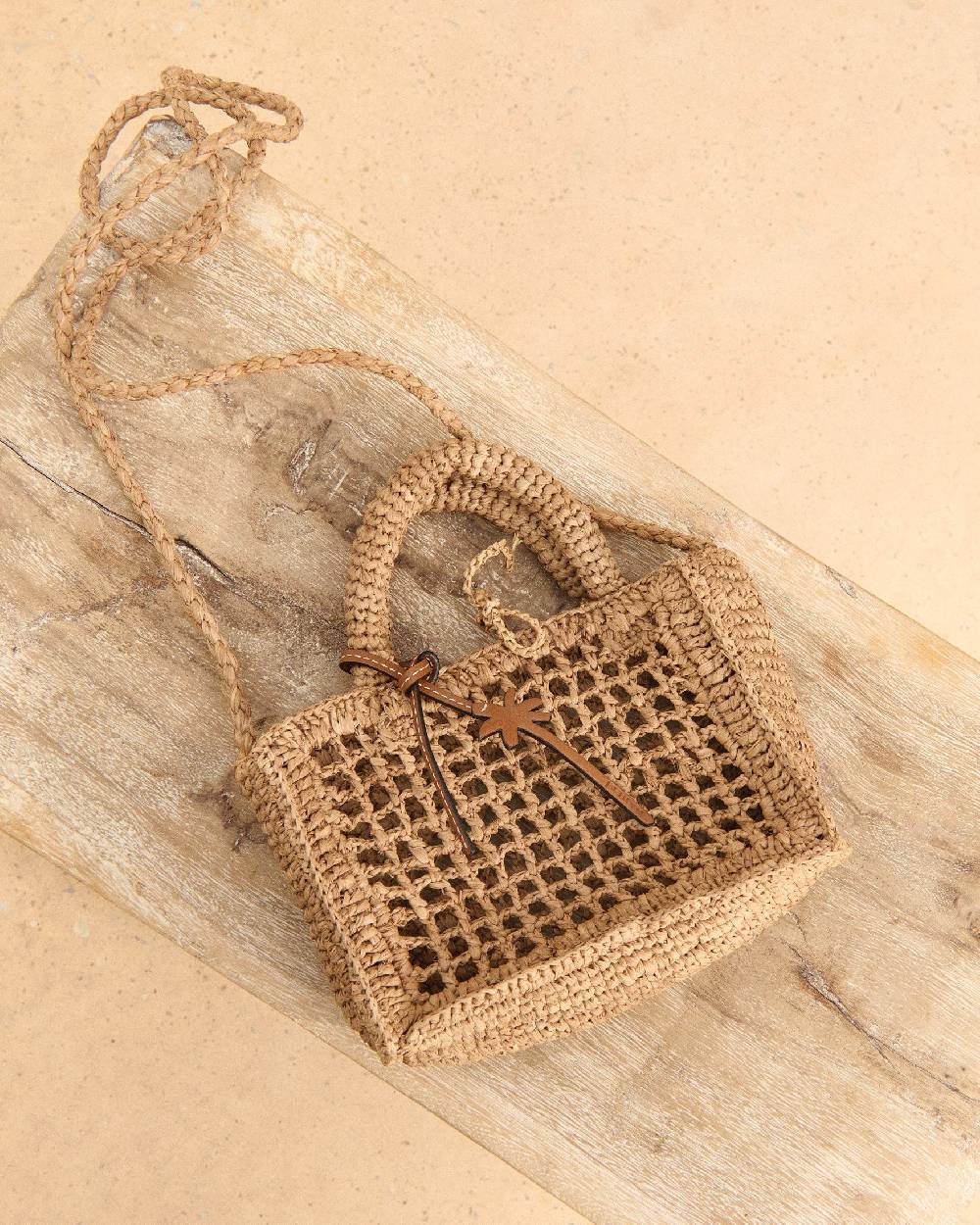 Manebí Natural Raffia Sunset|Bag Mini Net - Palm Leather Tag Tan Shopping Online