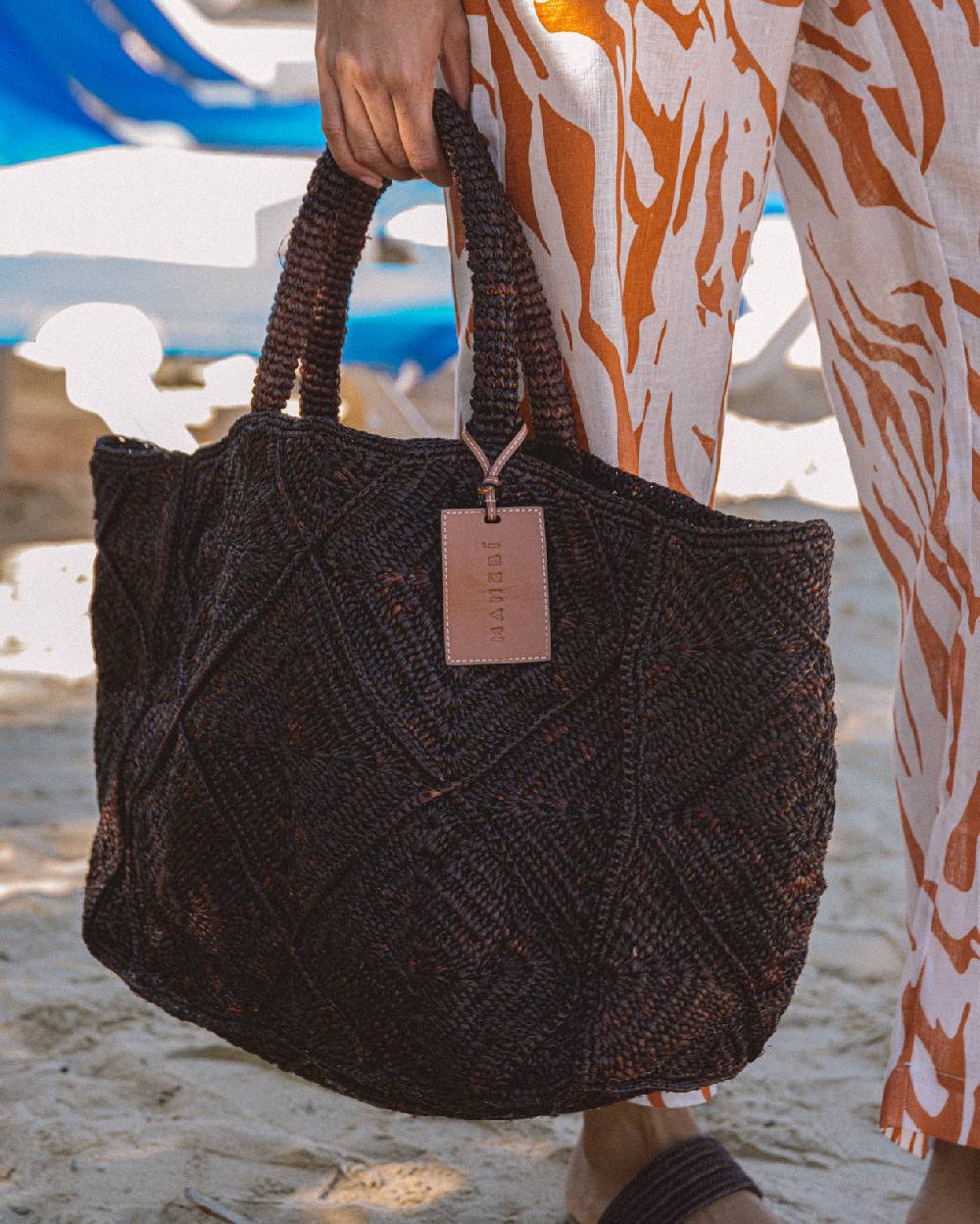 Manebí Raffia Crochet Sunset Bag Large - Chocolate Prezzo Ridotto