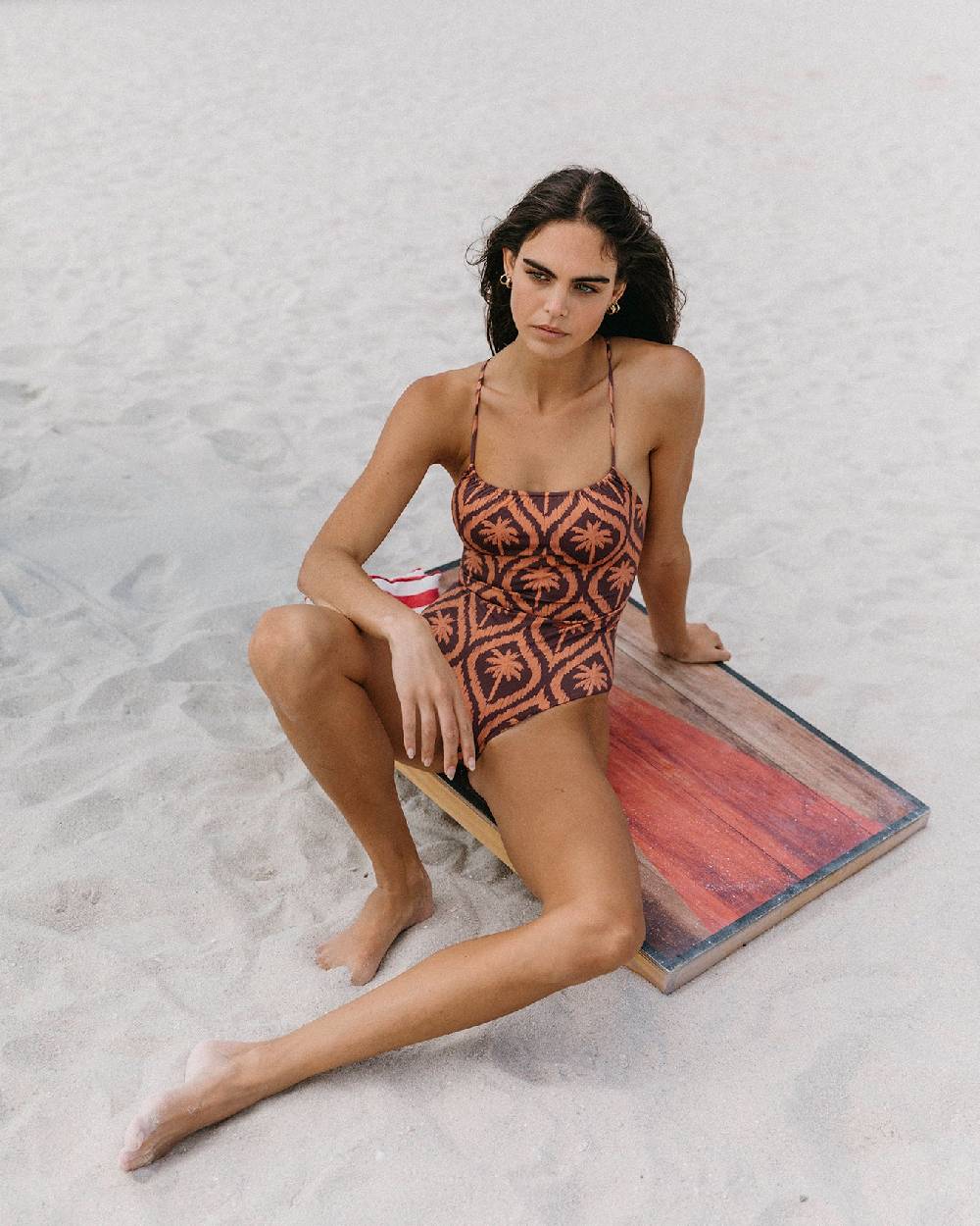 Manebí Printed Cut-out One Piece - Soft Touch Cocoa \u0026 Orange Rust Maxi Ikat Palm Italy