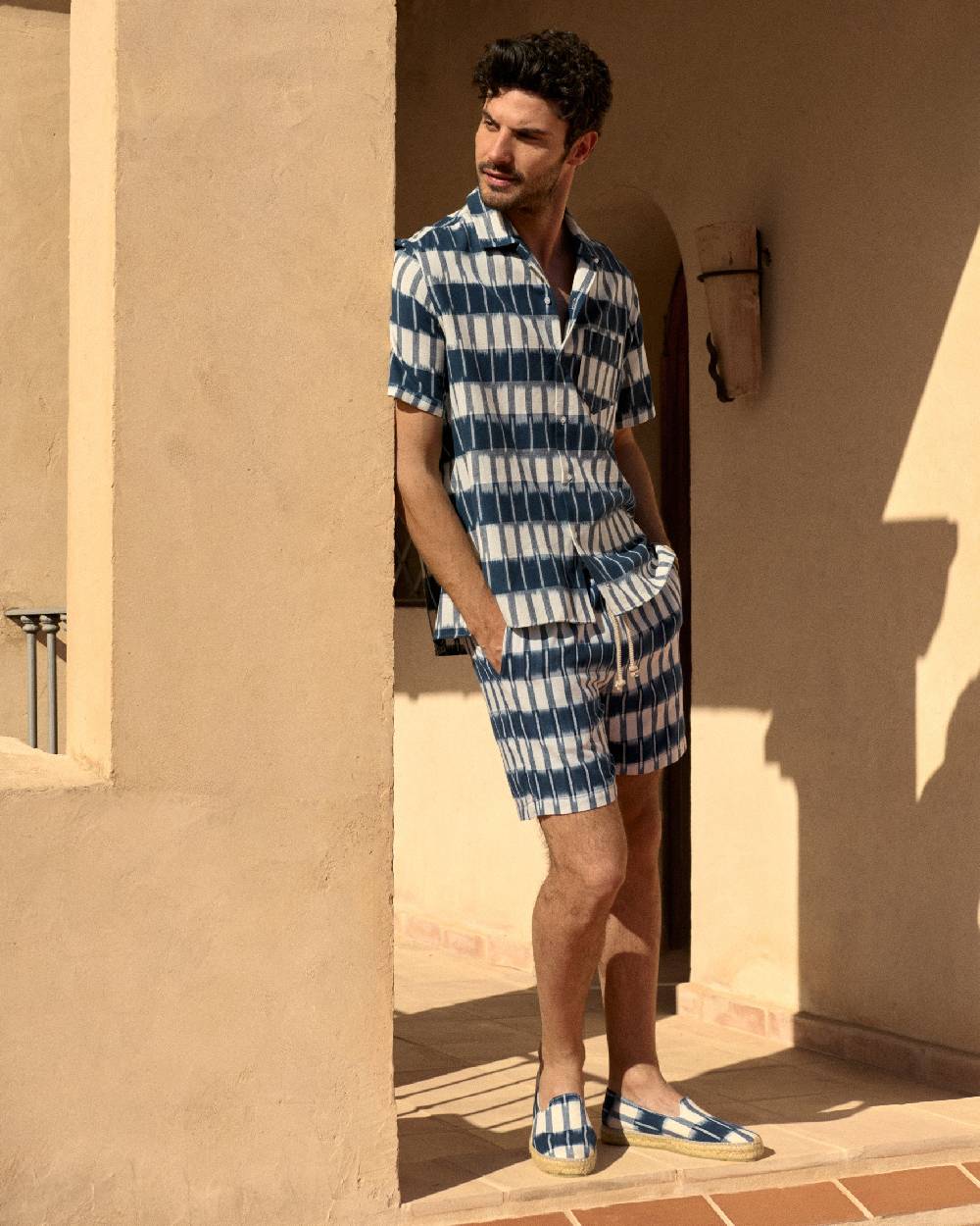 Manebí Dyed Cotton|Havana Camp-Collar Shirt - Navy Blue \u0026 Indigo Pattern Hotsell