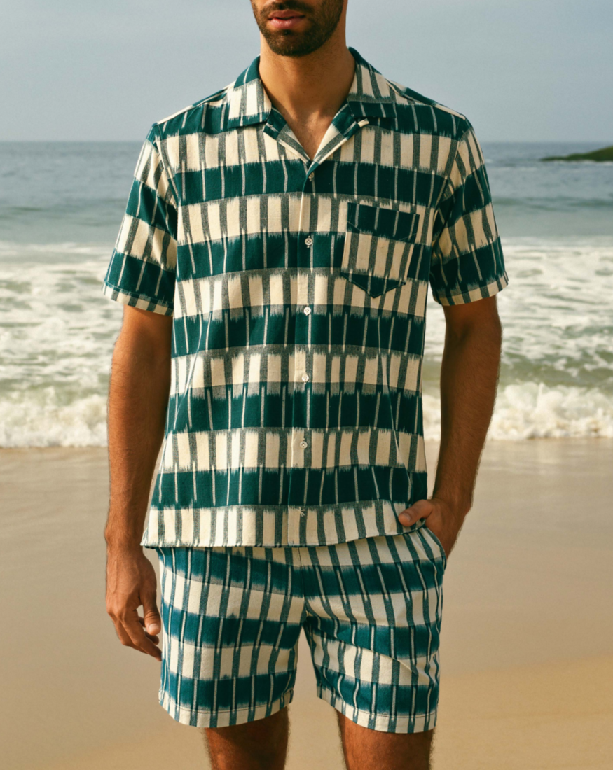 Manebí Dyed Cotton|Havana Camp-Collar Shirt - Navy Blue \u0026 Indigo Pattern Hotsell