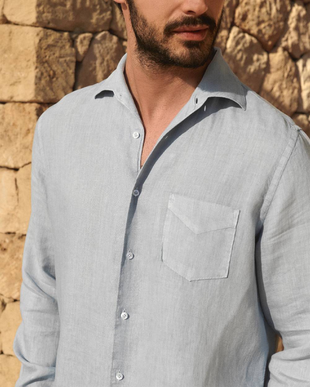 Manebí Washed Linen Panama Shirt - Grey Blue Vendita Economica