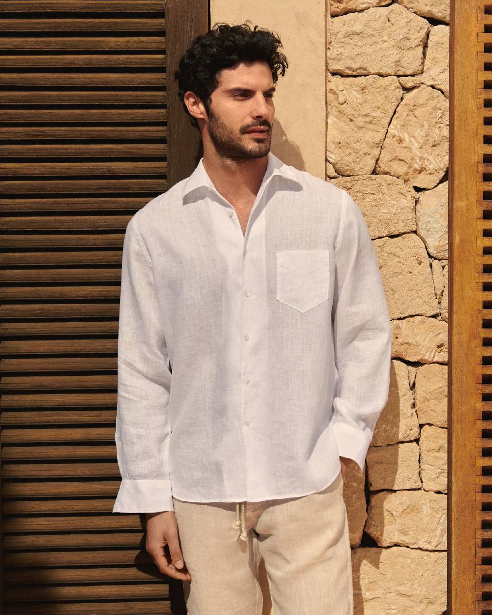 Manebí Linen Panama Shirt - Embroidered Palm White Vendite Flash