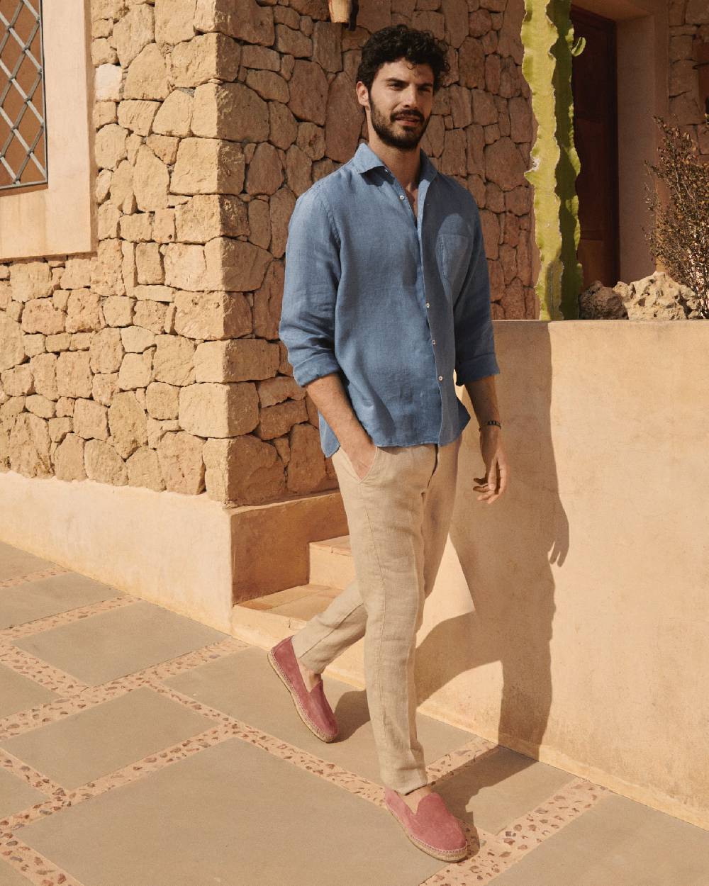 Manebí Washed Linen Panama Shirt - Embroidered Palm Navy Blue 2025