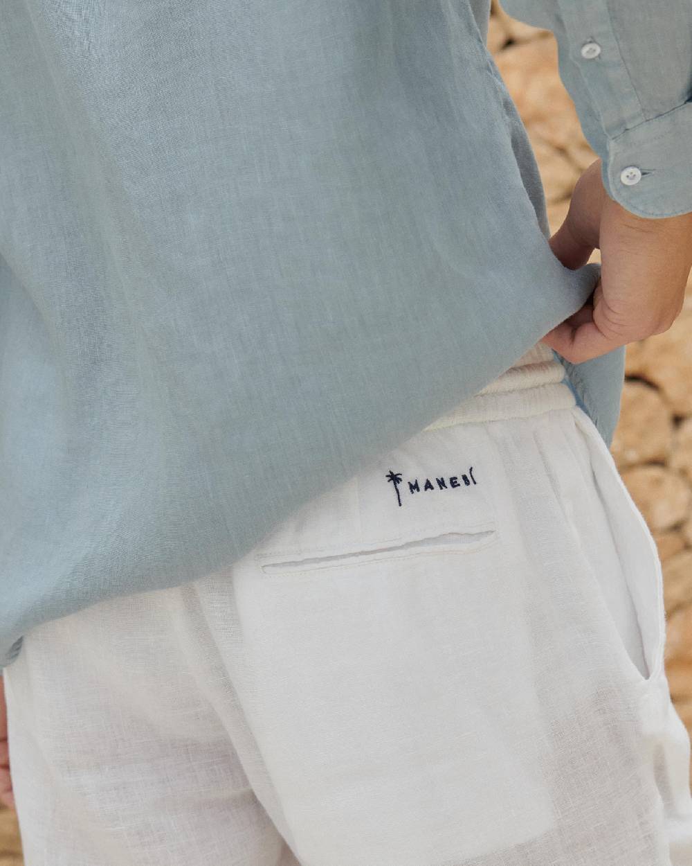 Manebí Washed Linen Venice Trousers - Embroidered Logo White Qualità