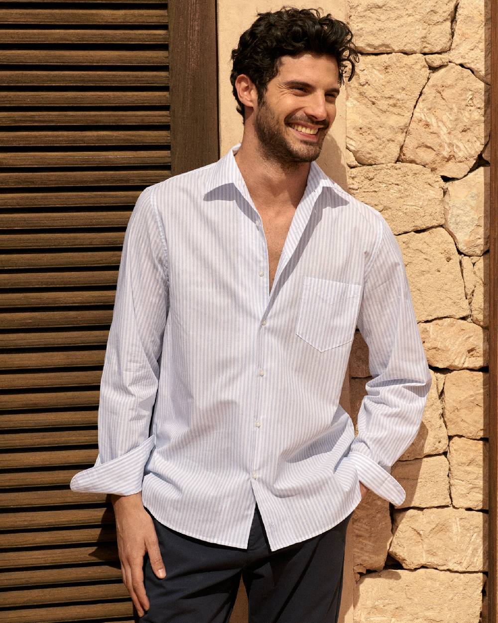 Manebí Poplin Panama Shirt - Light Blue \u0026 White Watercolor Stripes Soddisfazione Garantita