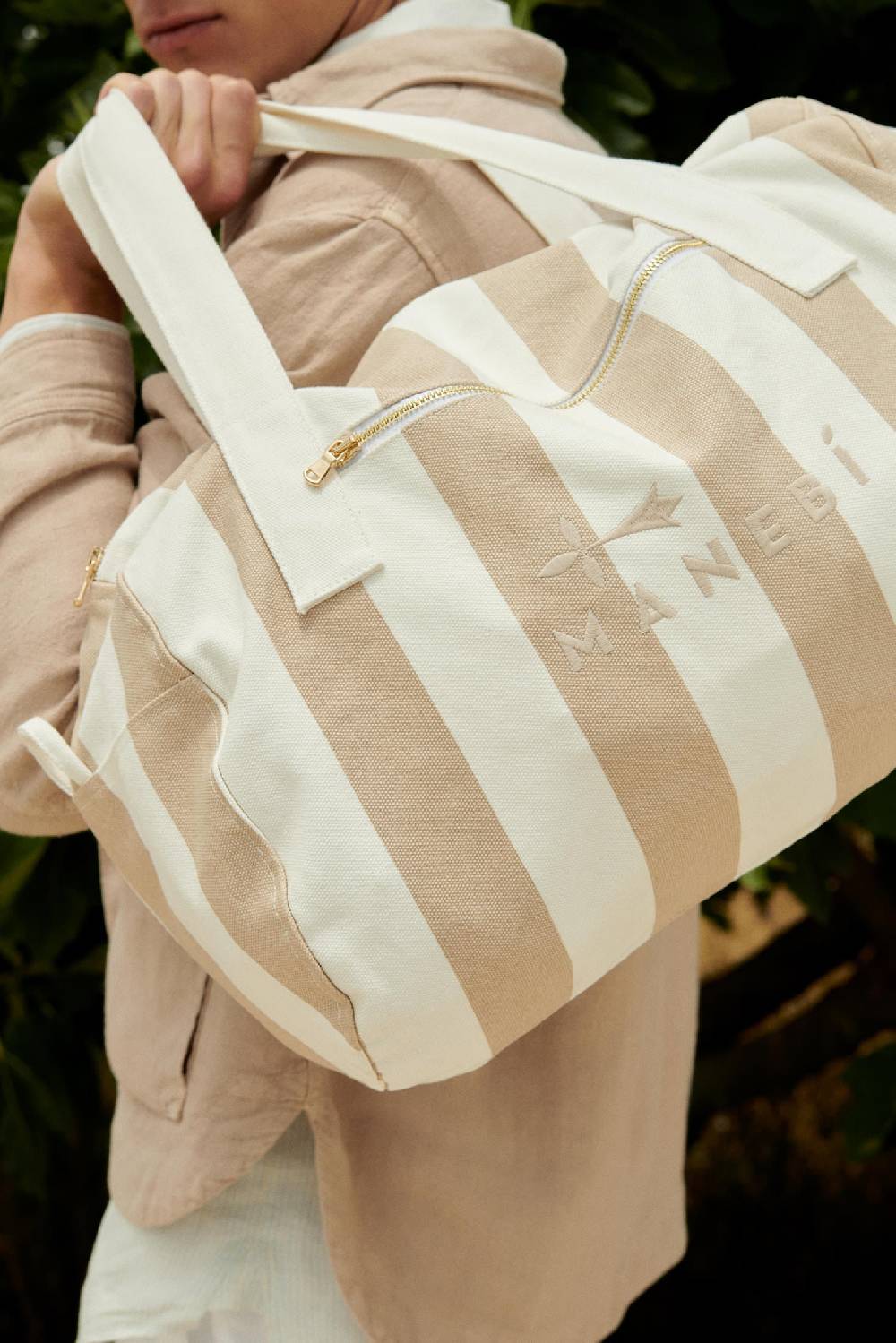Manebí Canvas Weekend Bag - Embroidered Logo White and Beige Stripes Outlet