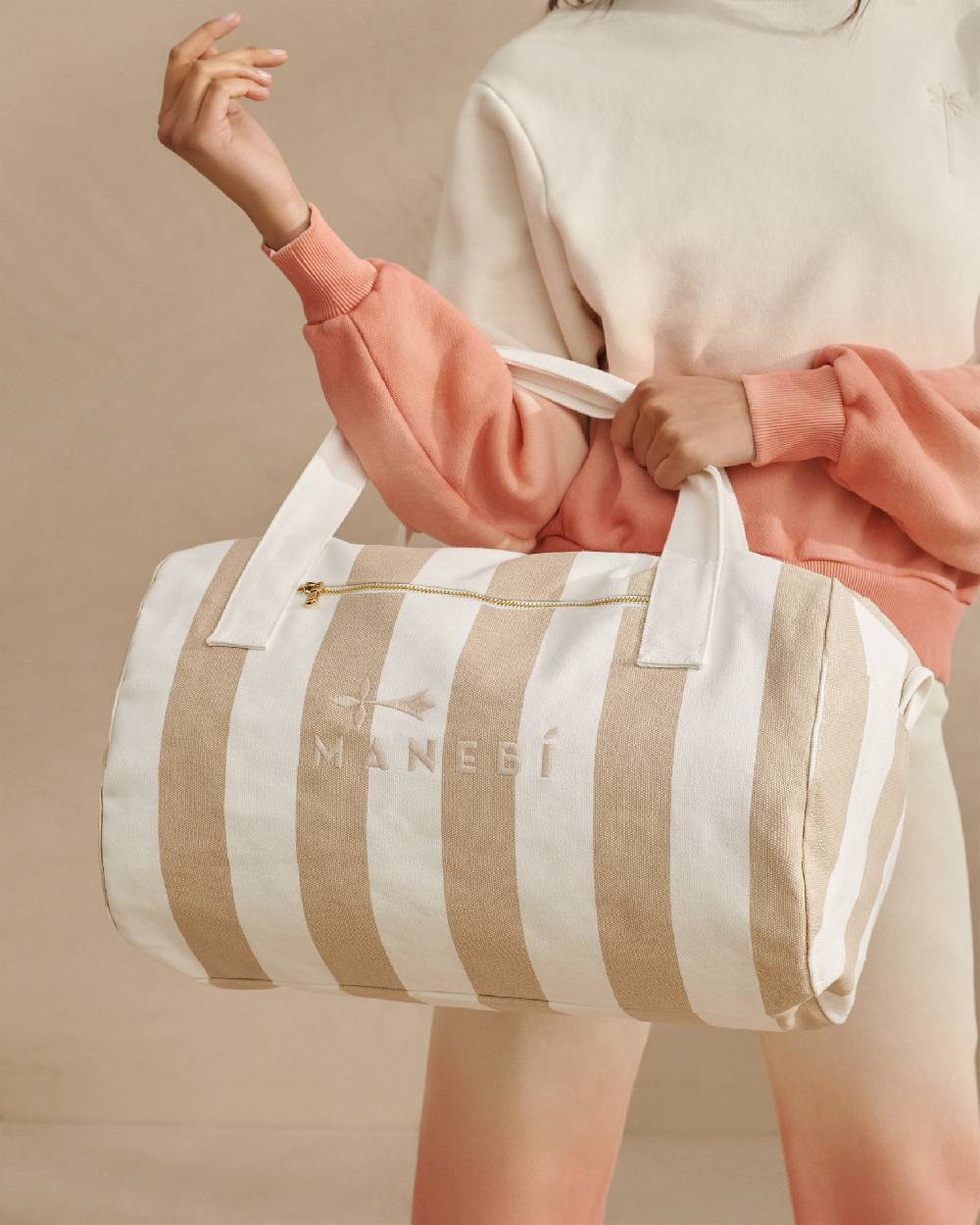 Manebí Canvas Weekend Bag - Embroidered Logo White and Beige Stripes Outlet