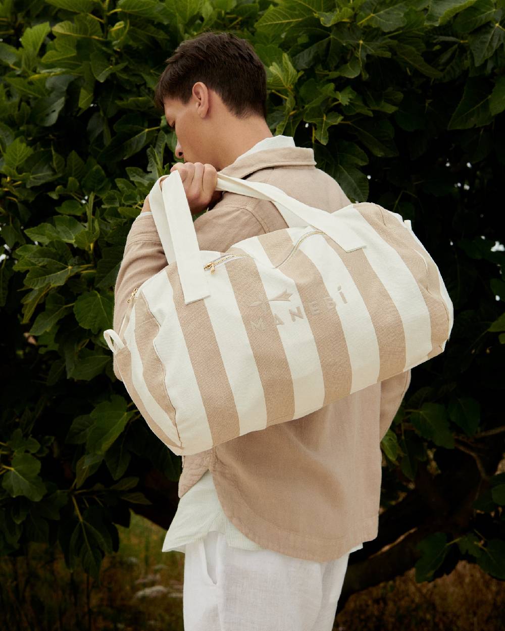 Manebí Canvas Weekend Bag - Embroidered Logo White and Beige Stripes Outlet