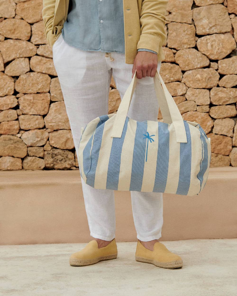 Manebí Canvas Weekend Bag - Embroidered Logo White and Indigo Stripes Vendita Economica
