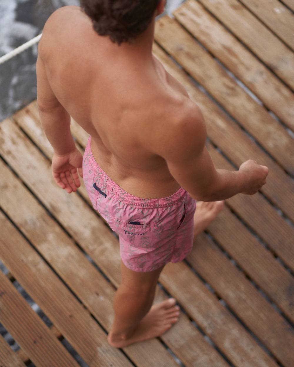 Manebí Printed Ikat With Palm Swim Shorts - Recycled Ultra Light Antique Rose Kaki Ikat W Palm In Vendita