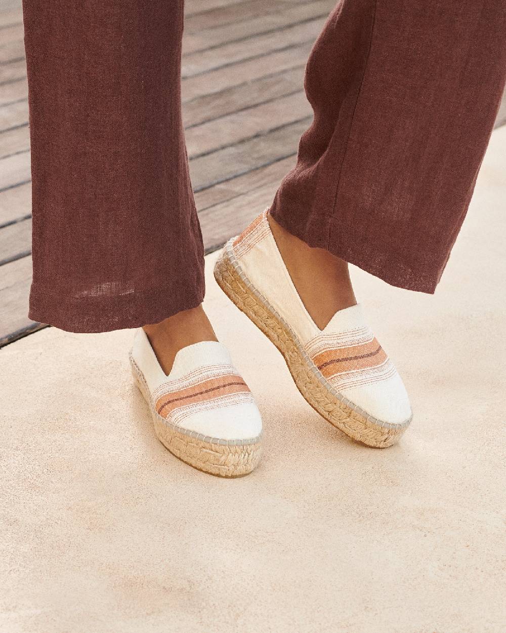 Manebí Cotton Linen And Silk Raw Fabric|Double Sole Espadrilles - Rust Macro Stripe Nuovo