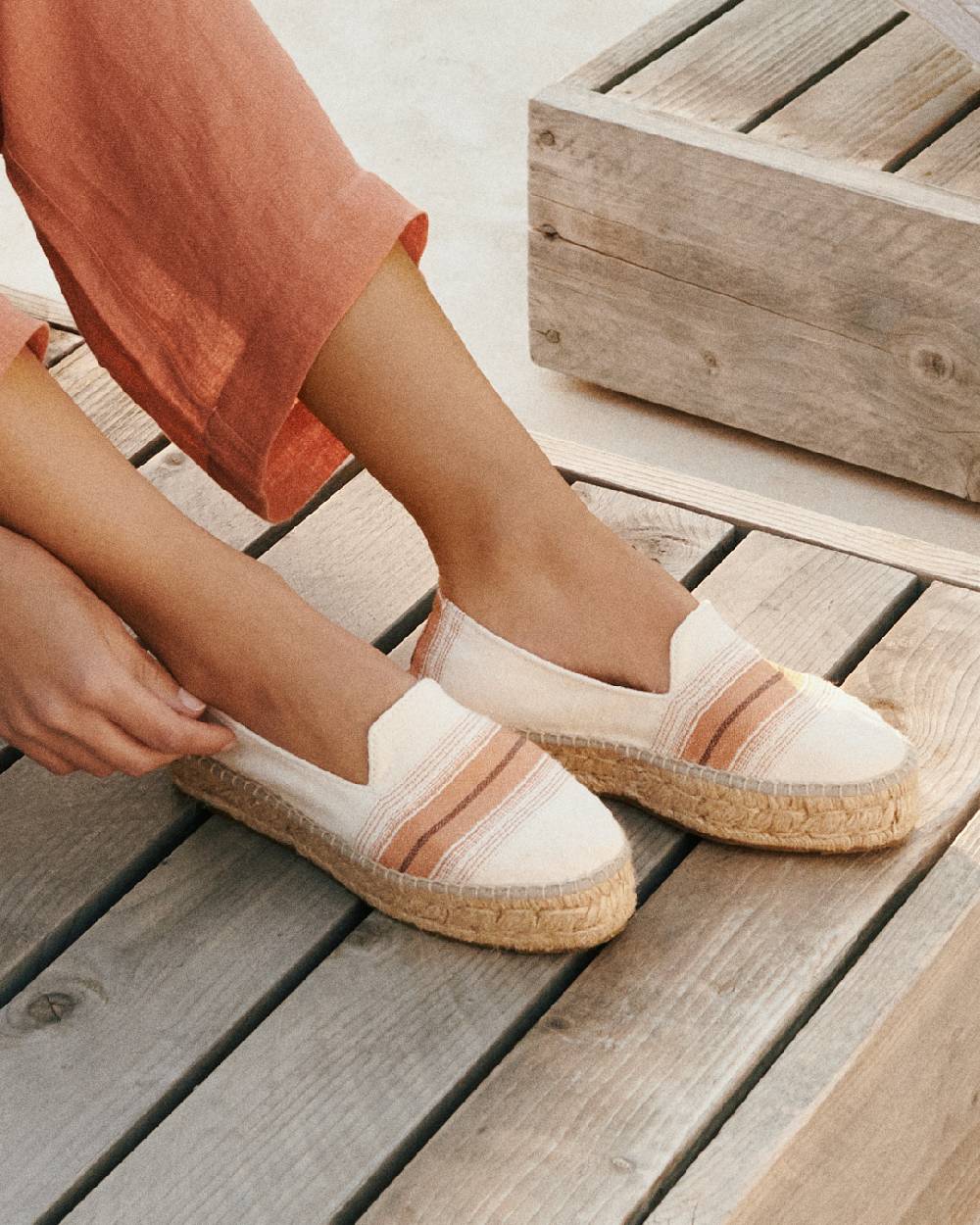 Manebí Cotton Linen And Silk Raw Fabric|Double Sole Espadrilles - Rust Macro Stripe Nuovo