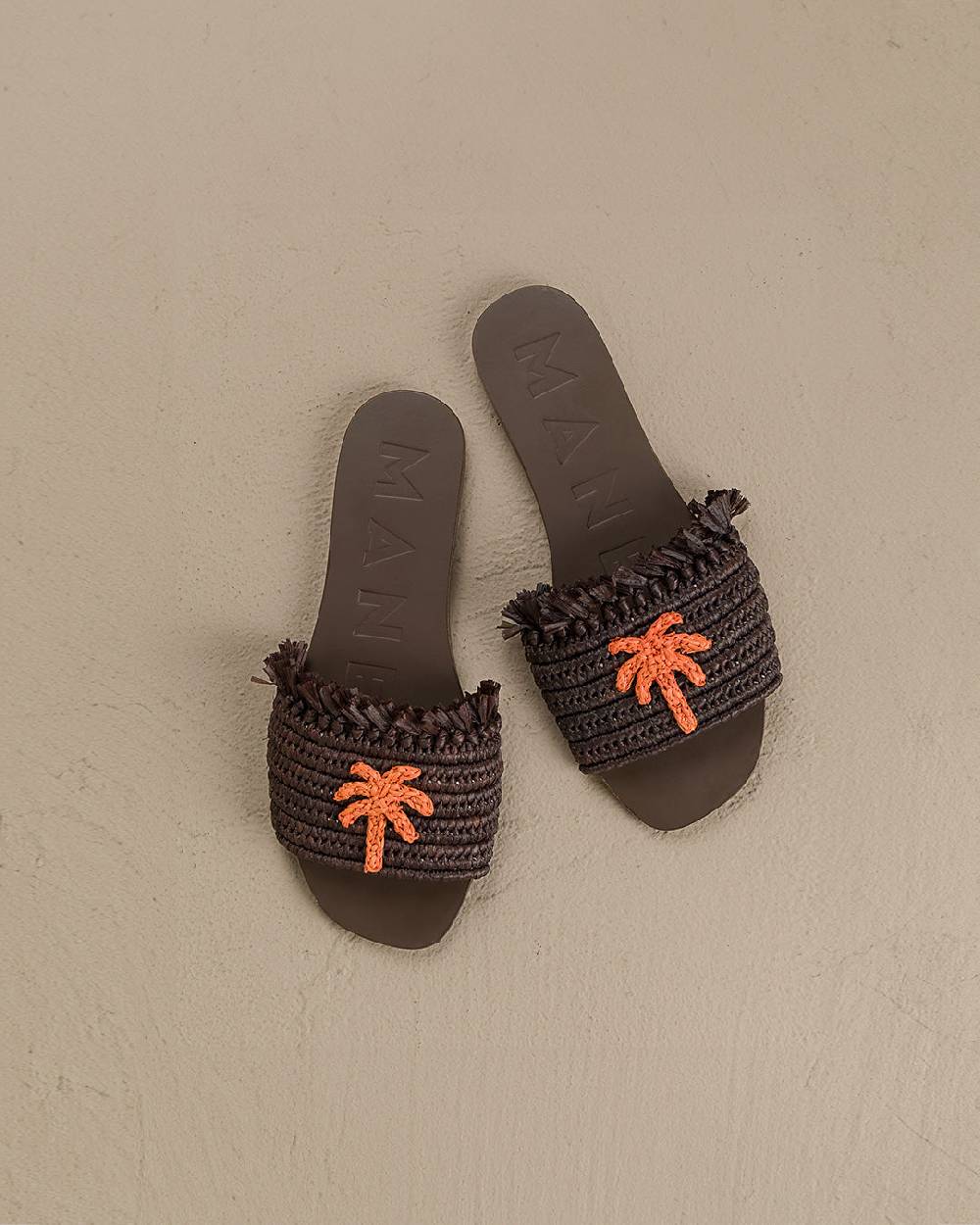 Manebí Fringed Knots Raffia|and Leather Sandals - Yucatán Cocoa With Orange Dust Palm In Linea