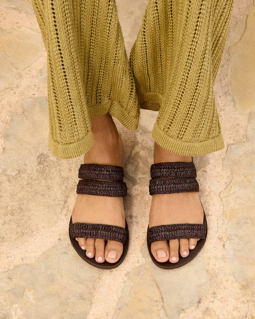 Manebí Raffia Stripes Leather|Three Bands Sandals - Cocoa Prezzo Ridotto