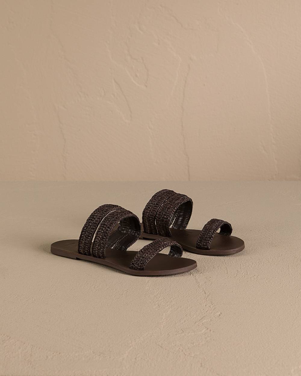 Manebí Raffia Stripes Leather|Three Bands Sandals - Cocoa Prezzo Ridotto