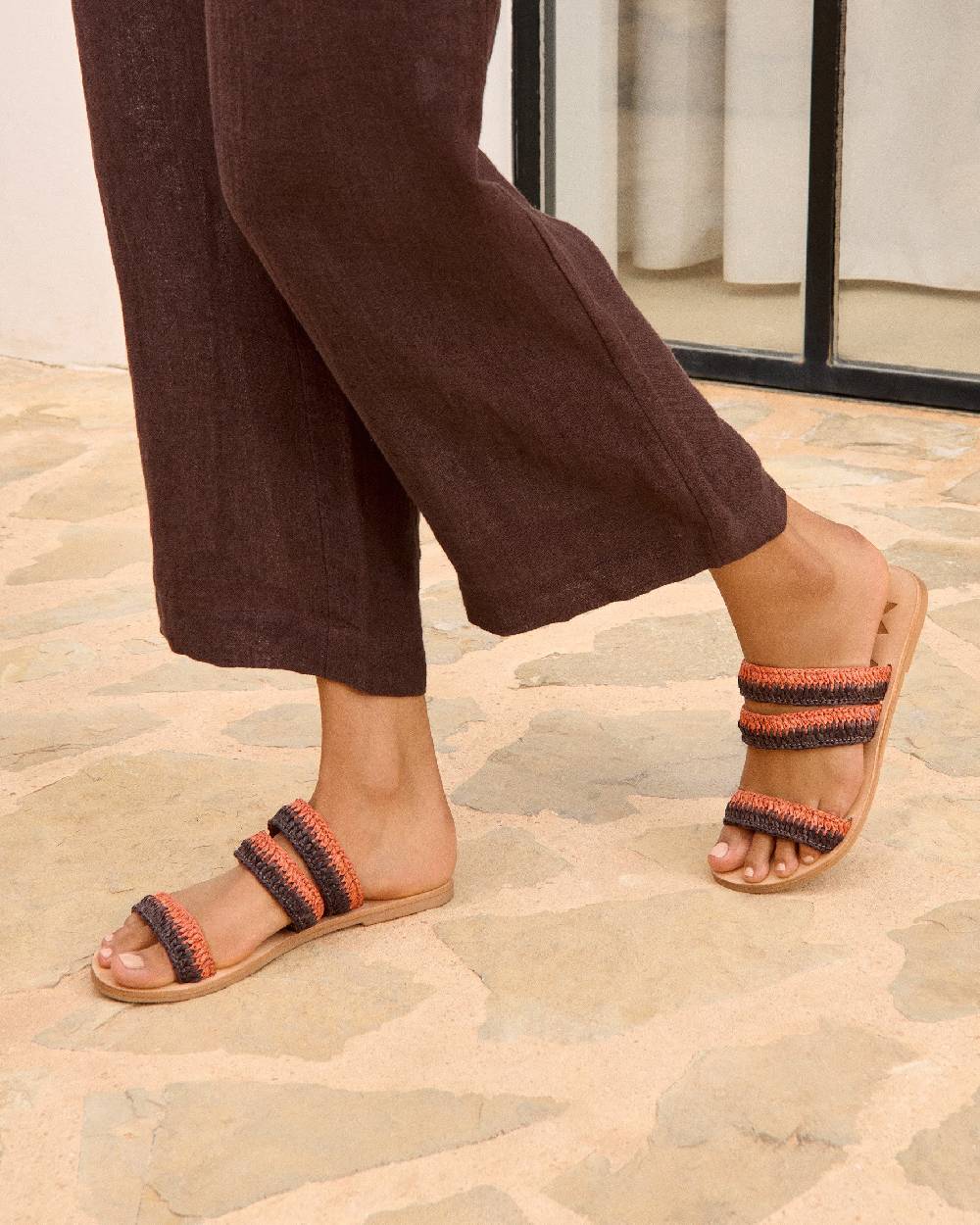 Manebí Raffia Stripes Leather|Three Bands Sandals - Orange Rust \u0026 Cocoa Novità
