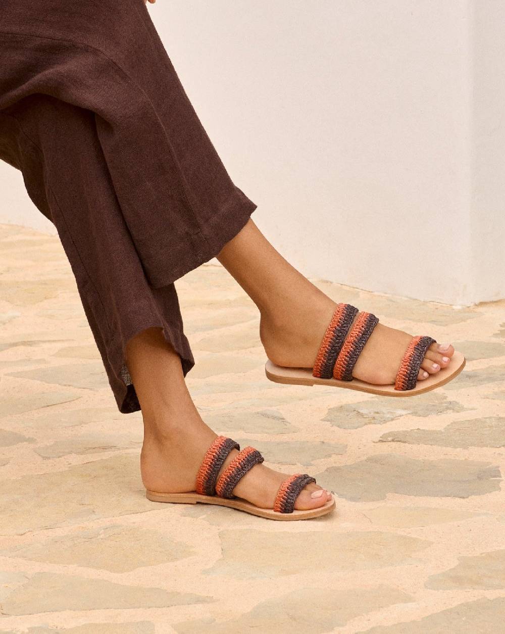 Manebí Raffia Stripes Leather|Three Bands Sandals - Orange Rust \u0026 Cocoa Novità