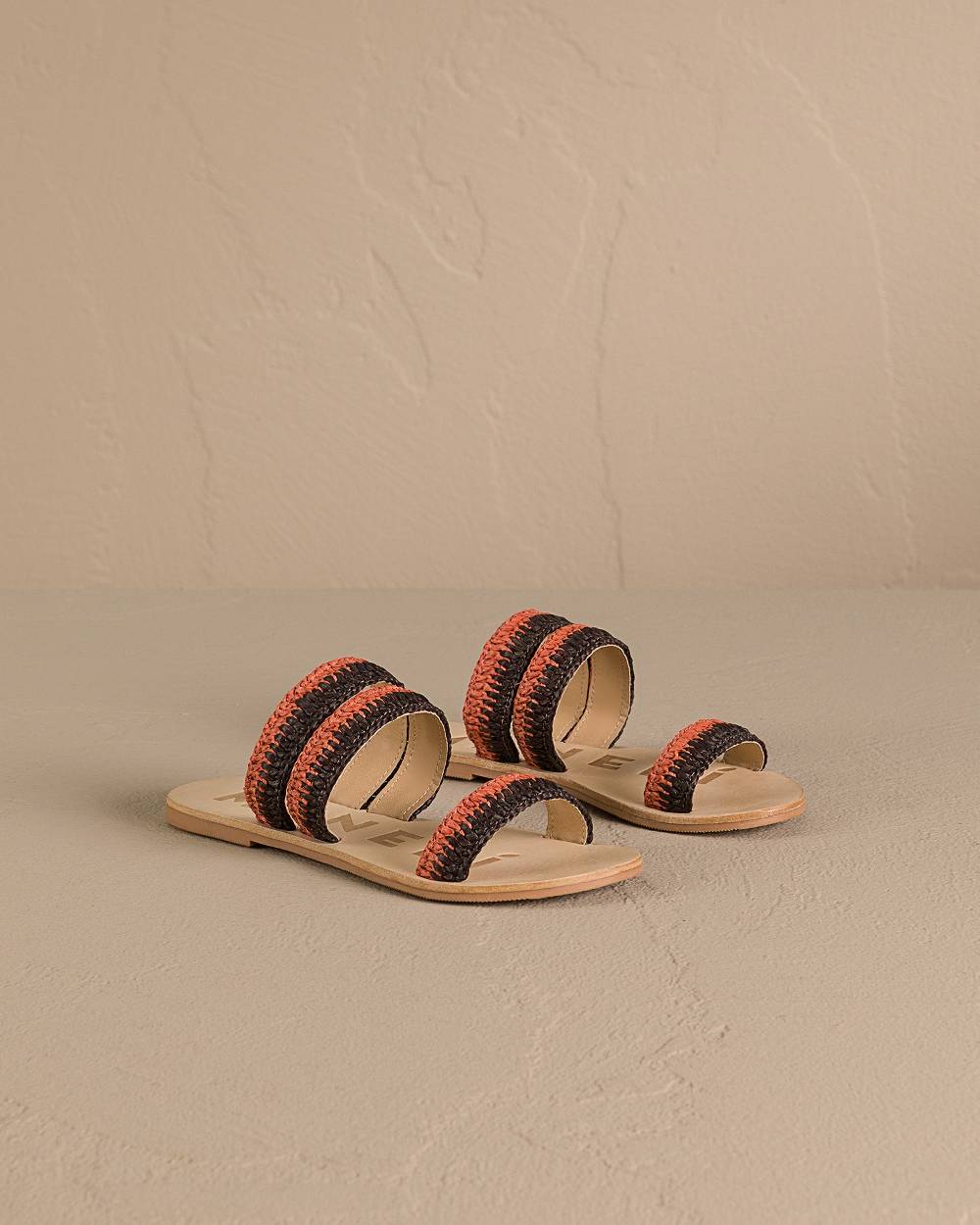 Manebí Raffia Stripes Leather|Three Bands Sandals - Orange Rust \u0026 Cocoa Novità