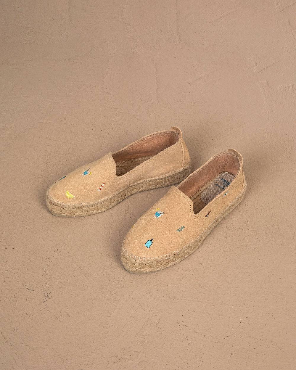 Manebí Espadrillas con Platform in Pelle Scamosciata - Portofino Dry Gin X Manebí Champagne Beige con Ricami Multicolor Italy