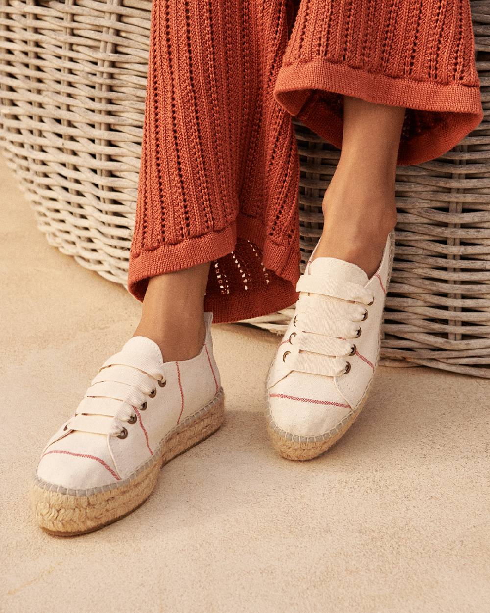 Manebí Woven Canvas|Lace-Up Espadrilles - Red Micro Stripes On Beige Nuovo