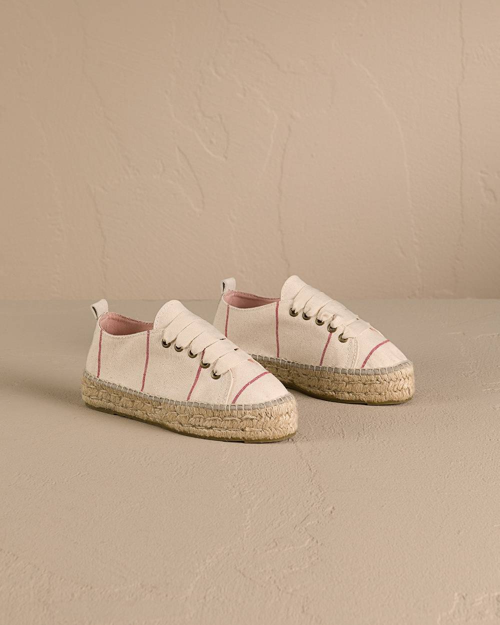 Manebí Woven Canvas|Lace-Up Espadrilles - Red Micro Stripes On Beige Nuovo