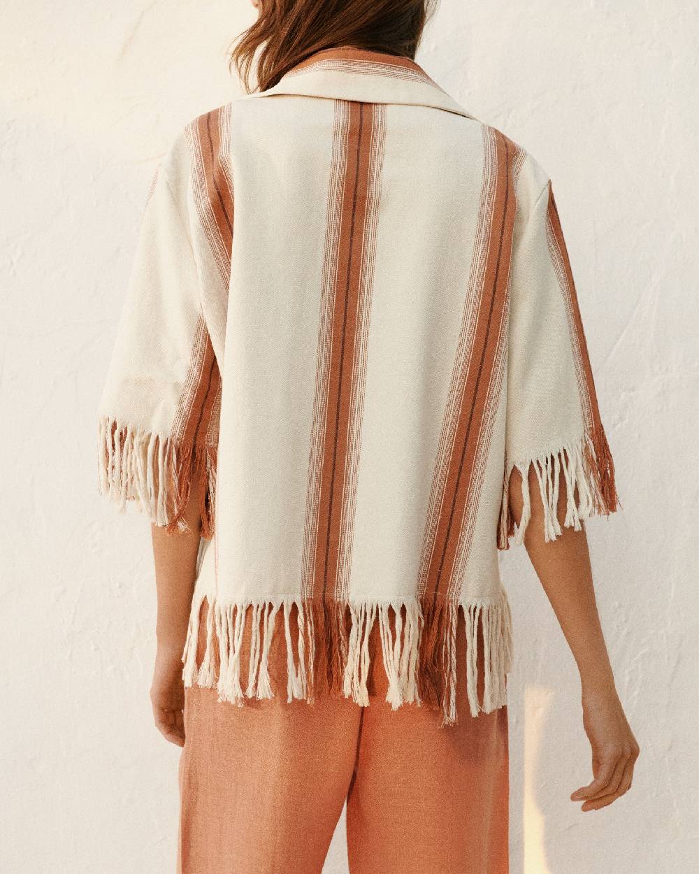 Manebí Cotton Silk Blend Cumana Shirt - Eggnog \u0026 Rust Stripes And Fringes Sottocosto