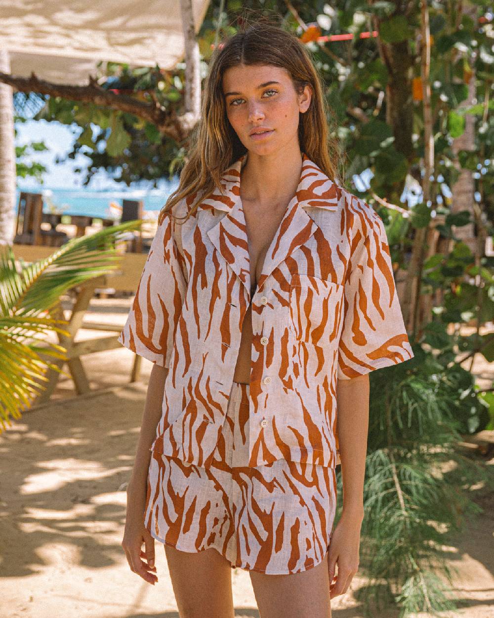 Manebí Printed Linen Cumana Shirt - Eggnog \u0026 Orange Rust Zebra Hotsell