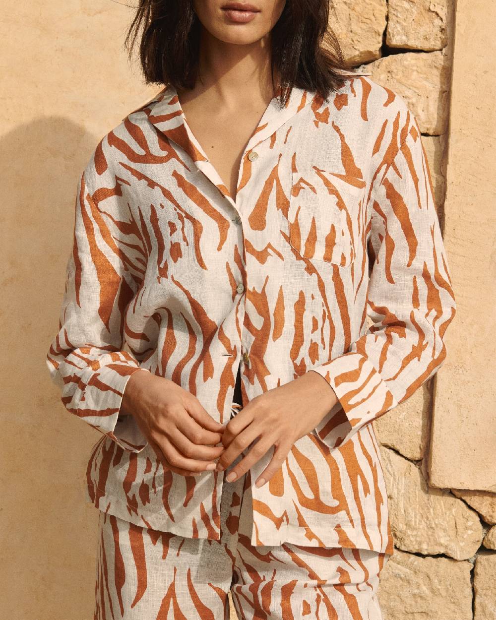 Manebí Printed Linen Natal Shirt - Eggnog \u0026 Orange Rust Zebra Vendita Economica