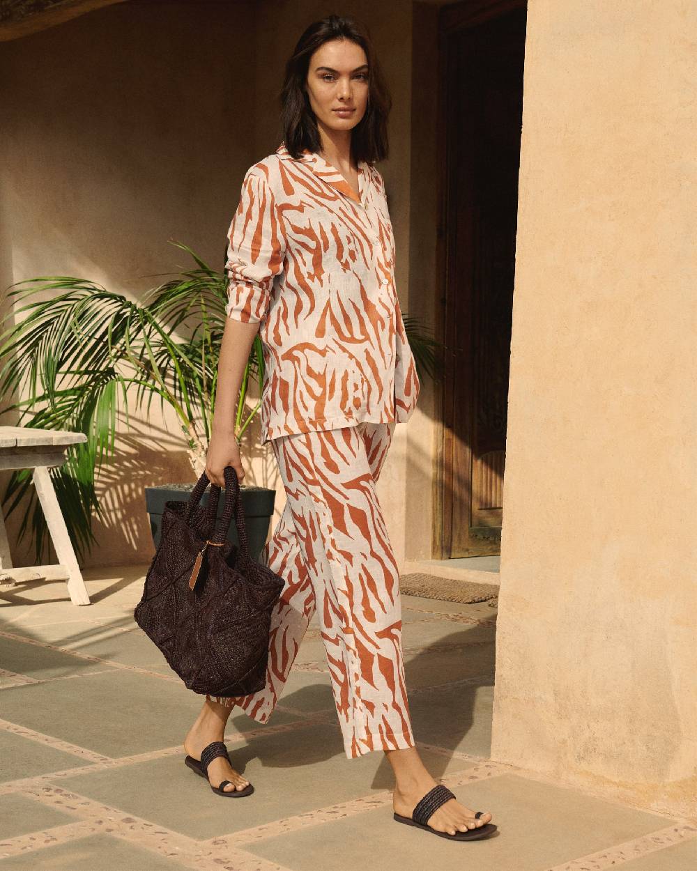 Manebí Printed Linen Natal Shirt - Eggnog \u0026 Orange Rust Zebra Vendita Economica
