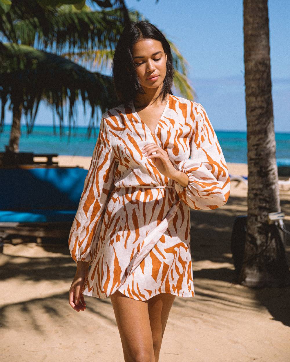 Manebí Printed Linen Caracas Dress - Eggnog \u0026 Orange Rust Zebra In Saldo